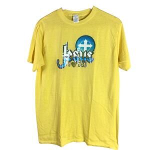 VTG Classic 80’s Ched Jesus Loves You iron-on Christian T Shirt Yellow XL